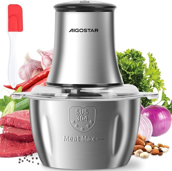 Aigostar Flor - Picadora electrica, con tazón de acero inoxidable de 1.8L y 4 cuchillas afiladas. Picadora electrica de alimentos de 500W, 2 velocidades, adecuada para carne, cebolla, verdura y fruta