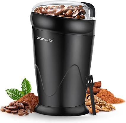 Aigostar Molinillo de Café Eléctrico, Molino Cafe Cereales con Cuchillas Acero Inoxidable, Capacidad 60gr con Cepillo para Limpieza, Tapa Transparente, Libre de BPA, Negro