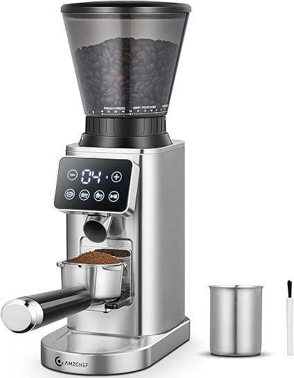AMZCHEF Molinillo de Café Eléctrico con Soporte Desmontable y Contenedor | Panel Táctil LCD | 24 Regulable de Molido Molinillo de Café con Muelas para Espresso/Drip/Pour Over/Cold Brew/French Press [Clase de eficiencia energética A+++]