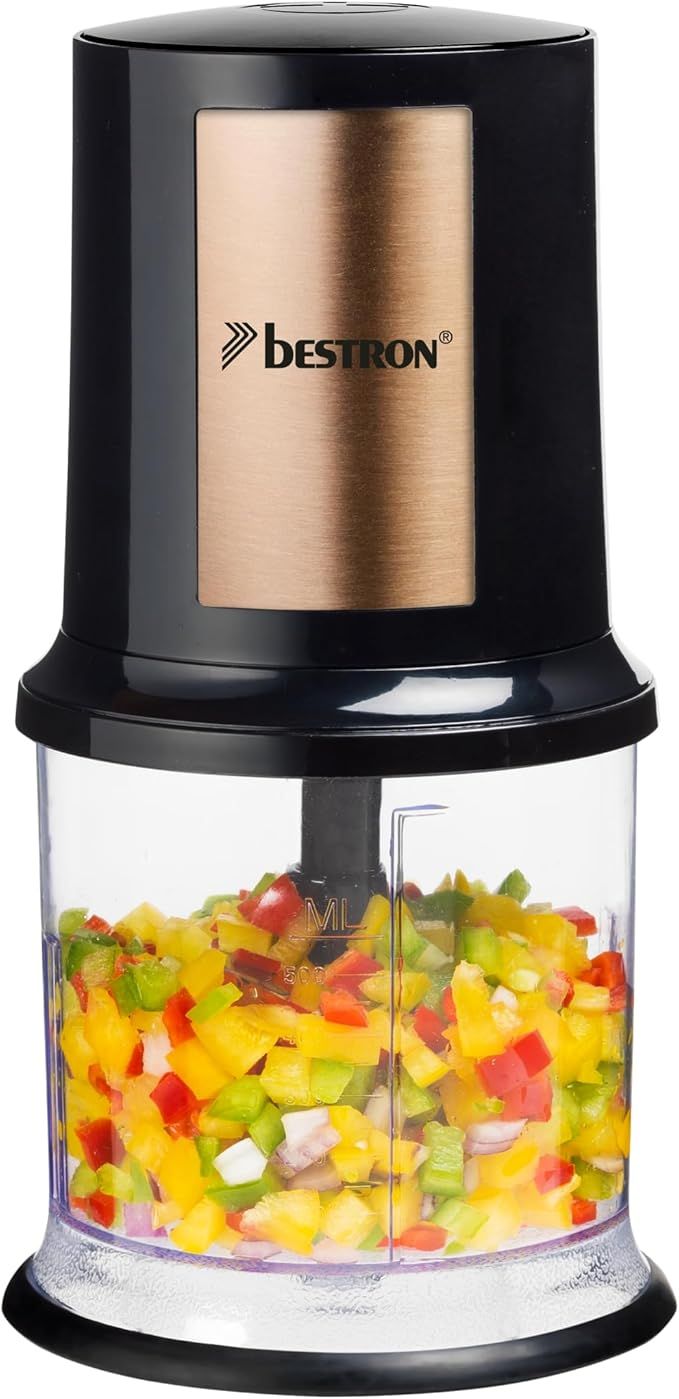 Bestron picadora electrica, Máquina picadora eléctrica con dos cuchillas de corte y capacidad de 500 ml, botón de pulso grande, 400 vatios, AKC200CO, Color: Cobre