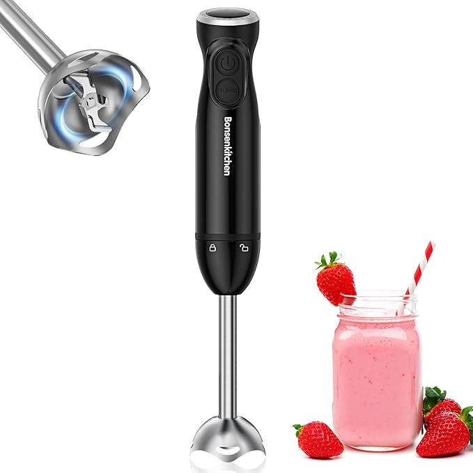 Bonsenkitchen Batidora de Mano, Acero Inoxidable de 1000 W, Velocidades Infinitamente Variables