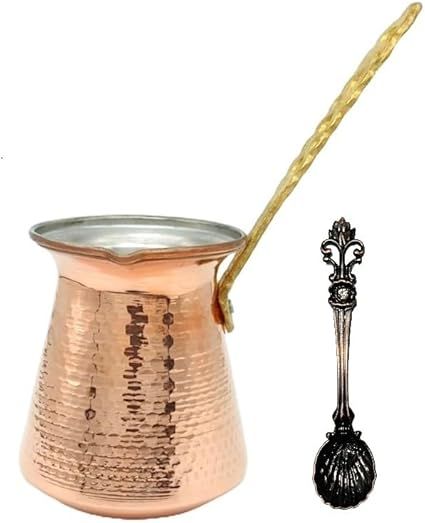 Cafetera turca de 5 tamaños, cafetera griega árabe, gruesa de 3 mm, maciza martillada, hecha a mano, de cobre grabado Cezve Ibrik Briki con mango de madera y latón largo para 2-8 tazas (5 tazas)