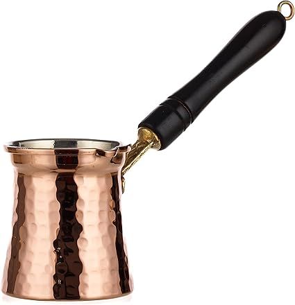 DEMMEX Cafetera turca de cobre griego Cezve Ibrik Briki para 2-3 tazas Demitasse, mango de madera, 100% hecha a mano en Turquía (cobre martillo)