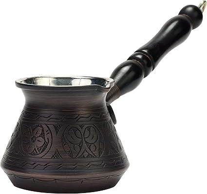 DEMMEX Cezve Ibrik Briki - Cafetera de cobre turco griego árabe de 2 mm de grosor con mango de madera y cuchara, para 3 personas (cobre antiguo)