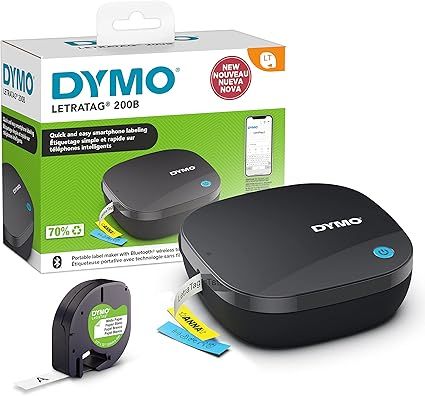 DYMO Etiquetadora LetraTag 200B Bluetooth, Impresora de etiquetas compacta |Se conecta mediante tecnología inalámbrica Bluetooth a iOS y Android, Incluye 1 cinta de etiqueta de papel blanco