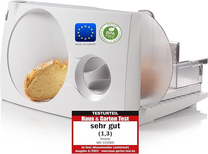 Emerio MS-125000 - Cortador multiusos (fabricado en la UE, acero inoxidable, 0-17 mm, sin BPA, plegable, con interruptor de seguridad, Eco 100 W), color blanco