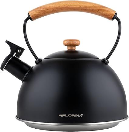 FLORINA Tetera (2,3 l) | Tetera de Acero Inoxidable NATURA| Tetera Flauta con Mango de Madera | Silbato Automático | Tetera para Estufa de Inducción, Estufa de Gas y Estufa Eléctrica | Color: Negro