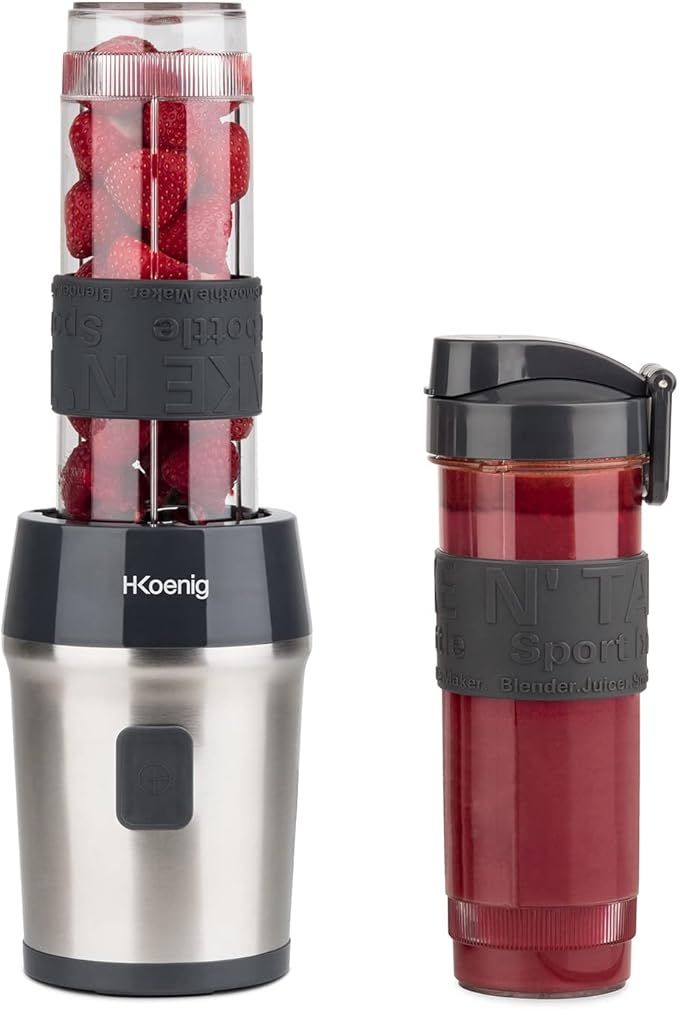 H.Koenig SMOO9 Vaso Maker, Mini Batidora para Zumos, Batidos, Smoothies, Capacidad de 570 mL, 300 W, Incluye 2 Botellas Deportivas Portátiles, Acero Inoxidable, Negro