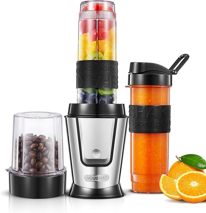 HOUSNAT Batidora de vaso individual 3 en 1, Batidora Smoothie Multifunción con molinillo de café 280ml y 2 Portátil Botellas deportivas 570ml, Acero inoxidable, Apta para lavavajillas, 500W