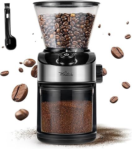 La Moustache - Molinillo de Café Eléctrico 200W con Mecanismo Plano de Acero Inoxidable 190g | 25 Grados de Molido【Bajo Ruido】Contenedor Transparente, Temporizador y Cepillo (GrindMaster Black)