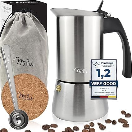 Milu Cafetera Italiana inducción| 2, 4, 6, 9 Tazas | Cafetera Moka de Acero Inox, Expresso Maker - Set comprensivo di sottobicchiere, cucchiaio, spazzola (4 tazas, 200ml)