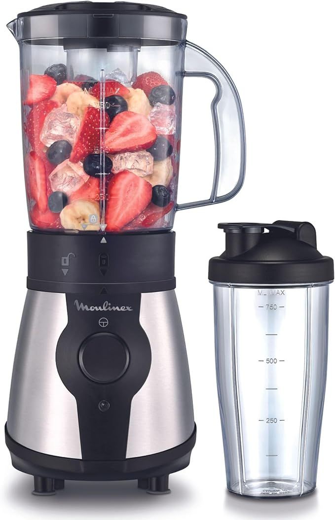 Moulinex Blend&Go LM1B1D - Batidora de vaso de 300 W, mini batidora smoothie con jarra de plástico de 750 ml, incluye botella portátil de 750 ml, 4 cuchillas extraíbles, acabado acero inoxidable