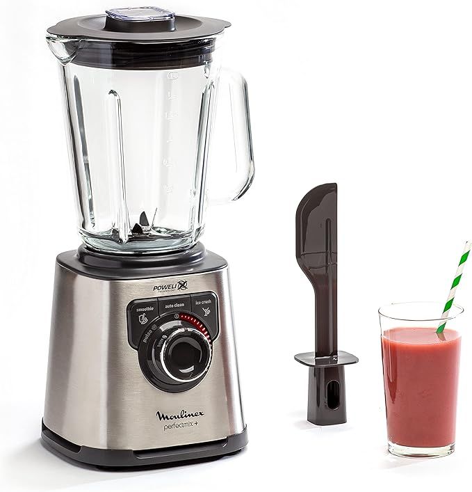 Moulinex Perfect Mix+ LM811D - Batidora de vaso de 1200 W, vidrio acabados exteriores de acero inoxidable, selector de la velocidad retroiluminable, 3 programas, modo manual y autoclean, Gris/Negro [Clase de eficiencia energética A]
