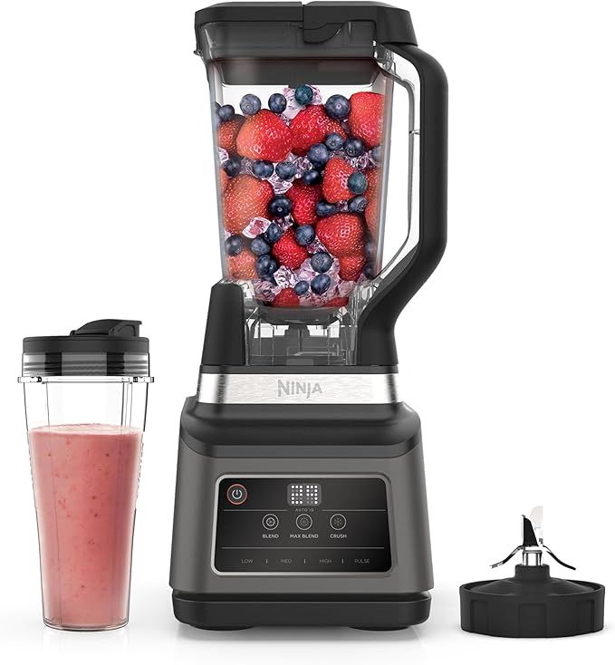 Ninja Batidora de vaso 2 en 1, 1200 W, 3 programas automáticos, 4 ajustes manuales, tecnología Auto-iQ, Jarra de 2,1 l y vaso de 700 ml, piezas aptas para lavavajillas, en negro, BN750EU