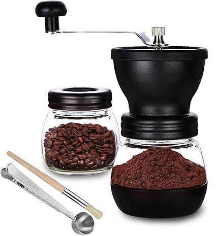 PARACITY Molinillo Cafe Manual con 2 Tarros de Cristal (325 ml cada uno), Molinillo Café con Núcleo de Molienda de Cerámica, Manual/Portátil con Cepillo/Cuchara
