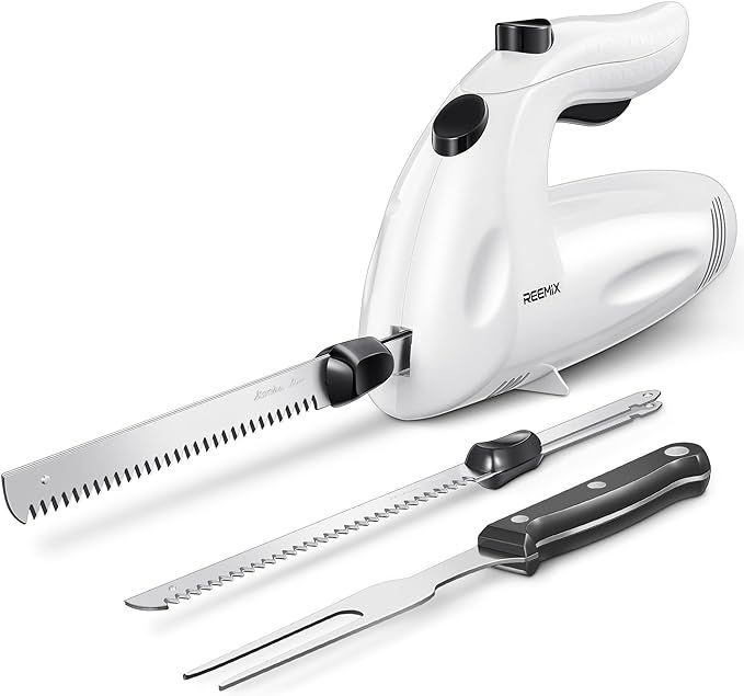 Reemix Cuchillo Eléctrico, hoja de acero inoxidable, Pan, Afilado Ondulado y Más, 2 Cuchillas para Carnes y Pan, Tenedor Incluido (blanco)