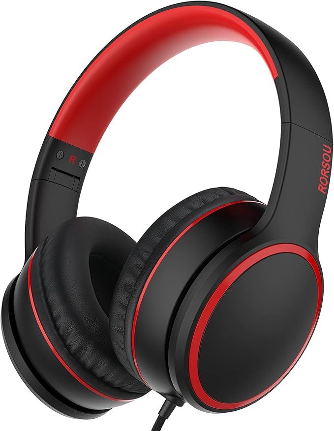 RORSOU Headphones R10 with microphone, stereo headphones with lightweight and foldable bass, equipped with a 1.5 meter tangle-free cable, and portable wired headphones Black