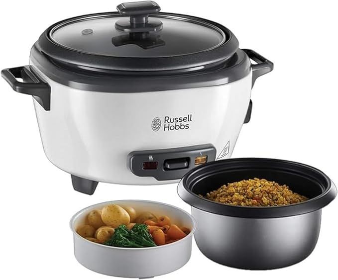 Russell Hobbs Arrocera - 6 Raciones, Olla Arrocera Mediana, Bandeja para Cocinar al Vapor, Función Mantener el Calor, Recipiente Antiadherente, Taza y Cuchara Medidora, Tapa Cristal, 300 W - Plata