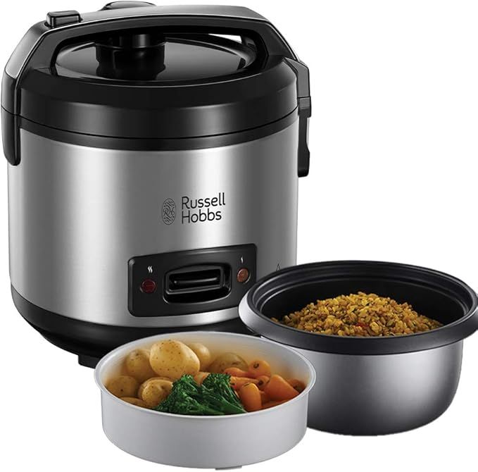Russell Hobbs Arrocera y Vaporera - 8 Raciones, Bandeja para Cocinar al Vapor, Función Mantener el Calor, Recipiente Antiadherente, Vaso y Cuchara Medidora, Tapa de Bloqueo, 500 W - 27080-56