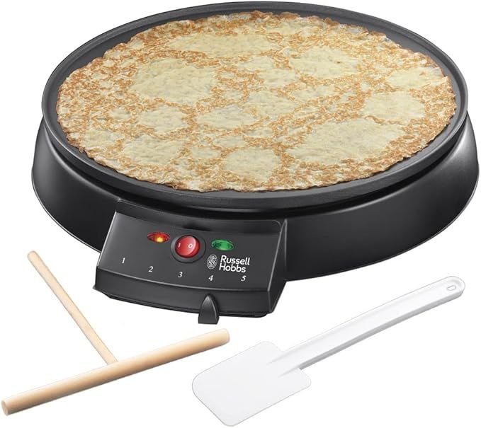 Russell Hobbs Crepera Eléctrica Fiesta - Revestimiento Antiadherente, Diámetro 30 cm, Temperatura Regulable, Incluye 2 Utensilios para Hacer Crepes, 1000 W, Negro - 20920-56 [Clase de eficiencia energética A+]