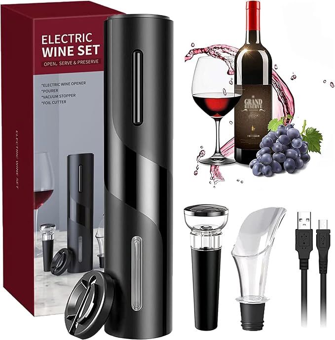 Sacacorchos Eléctrico, USB Recargable Abridor de Vino Automatico Profesional 5 en 1 con Cortacapsulas Botella, Vertedor de Vino, Tapón de Vino de Vacío