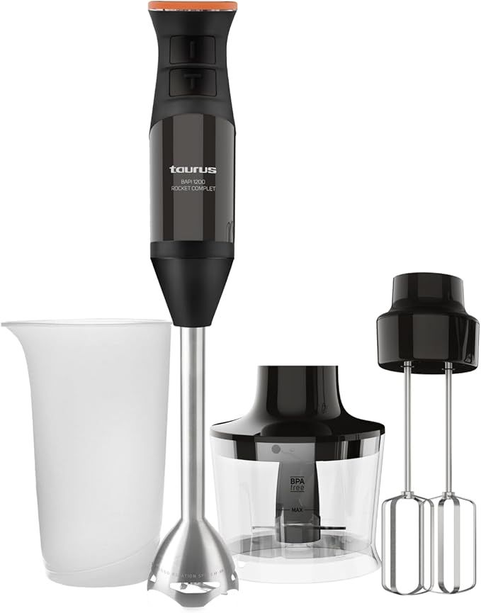 Taurus BAPI 1200 Rocket - Batidora de mano 1200W | Regulador de 20 velocidades ajustable | Función Turbo | Cuchillas de acero inoxidable | Doble batidor | Diseño ergonómico | Vaso medidor 500 ml