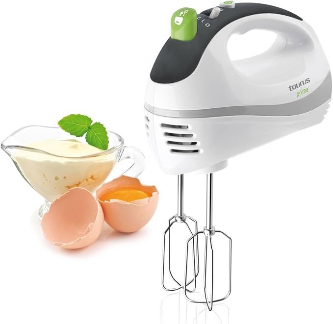 Taurus Prima - Batidora amasadora de repostería. 300W. 5 velocidades + Turbo. 2 tipos varillas: amasadoras y batidoras. Varillas extraíbles. Ergonómica. Compacta. Blanco/verde [Clase de eficiencia energética A++]