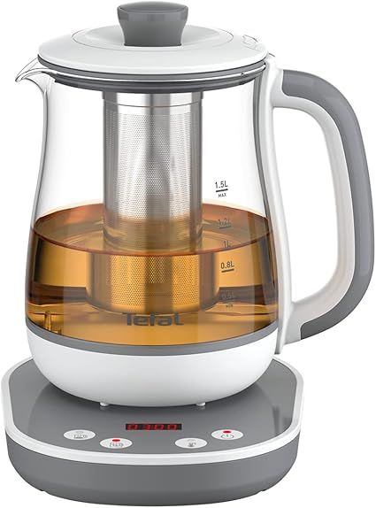 Tefal Tastea máquina de té, 8 ajustes de temperatura, capacidad de 1,5 L, cesta de té extraíble de acero inoxidable, mantenimiento caliente, cuerpo de cristal resistente, base autónoma 360° BJ551B10