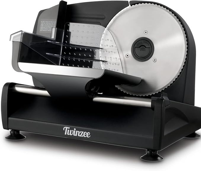 Twinzee Cortafiambres Electrico - Grosor Ajustable de 0 a 15mm - 2 Cuchillas incluidas - Cortador de Fiambre, Pan, Corte Jamon, Verduras, Carne, Queso, Embutido