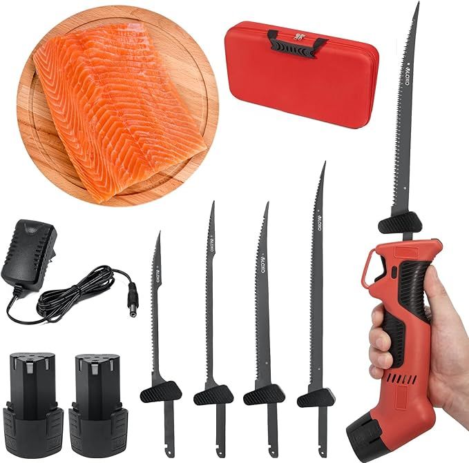 VLOXO Cuchillo Electrico Cocina Inalámbrico con 4 Cuchillas de Acero Inoxidable y 2 Baterías Cuchillos Cocina Eléctrico Recargable Bloqueo de Seguridad Cuchillos Carne Mango Antideslizante