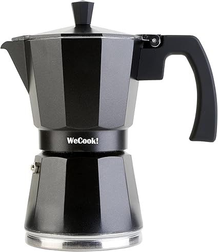 WECOOK! Luccia Cafetera Italiana, Inducción, Aluminio, Express, 1 - 3 Tazas Café, Apta para todas las Cocinas, Color Negro, Junta de Cierre de Silicona, Válvula de Seguridad.