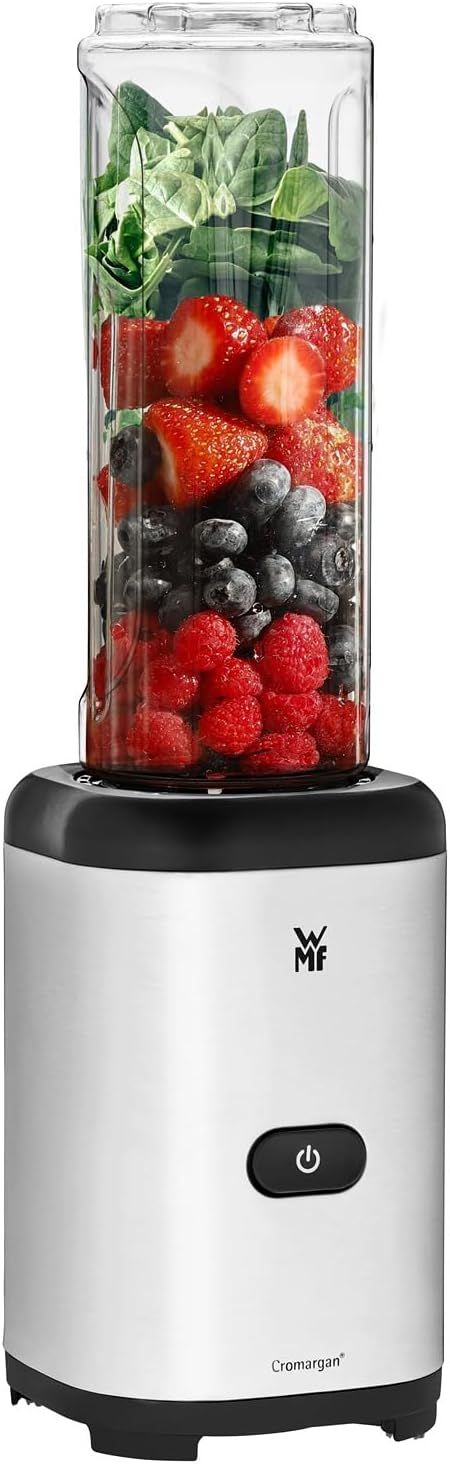 WMF Kult X - Batidora de Vaso Individual Mix & Go Mini, 300 W de 0.6 L de Capacidad y 4 Cuchillas Acero Inoxidable Cromargan, Exterior Acero Inoxidable de Cromargan, depósito de TRITAN libre de BPA