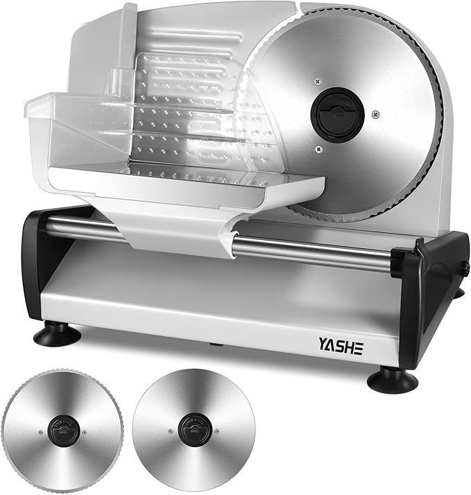 YASHE SL-518 Cortadora de Fiambre - Cortafiambres Eléctrico de 250W con Espesor Ajustable de 0 a 15mm, Cuchillas de Acero Inoxidable Removibles de 19cm, Bloqueo de Seguridad y Pies de Succión
